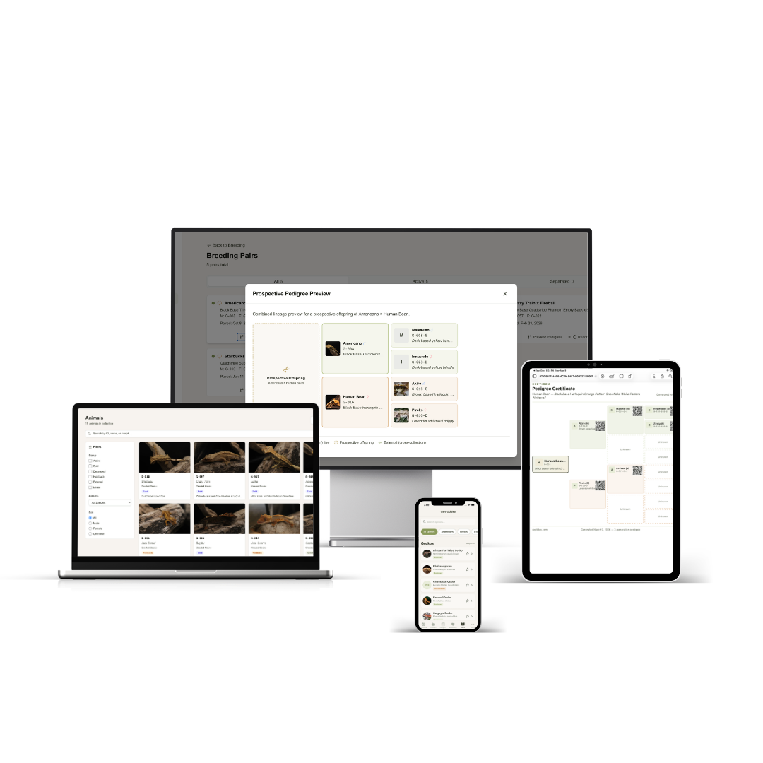 ReptiDex reptile husbandry app showing collection management, breeding tracking, lineage trees, and weight charts