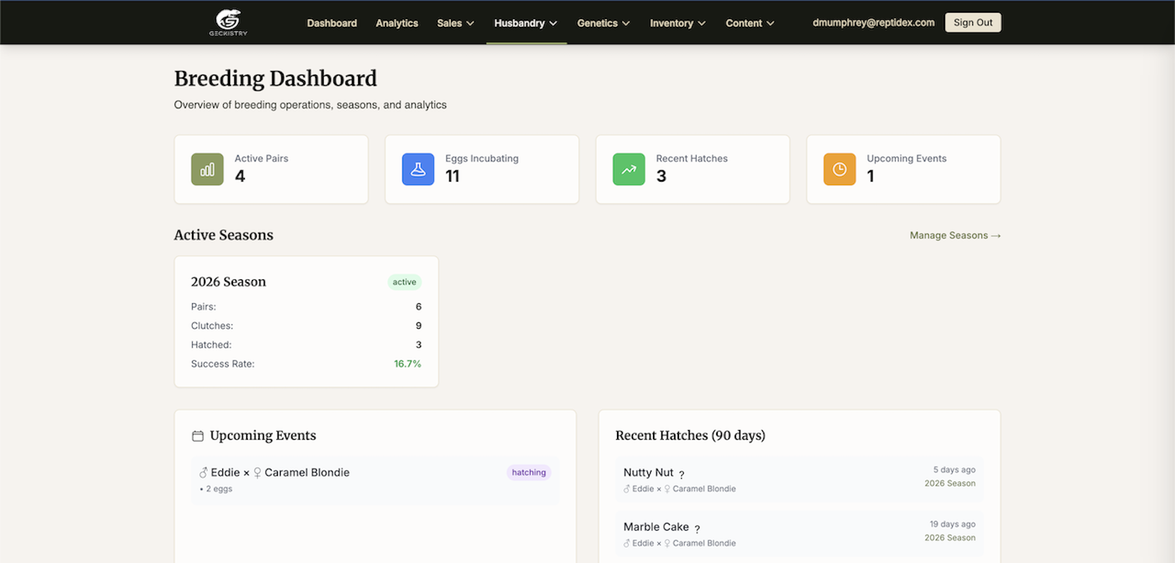 Geckistry storefront showing crested gecko listings with genetics data