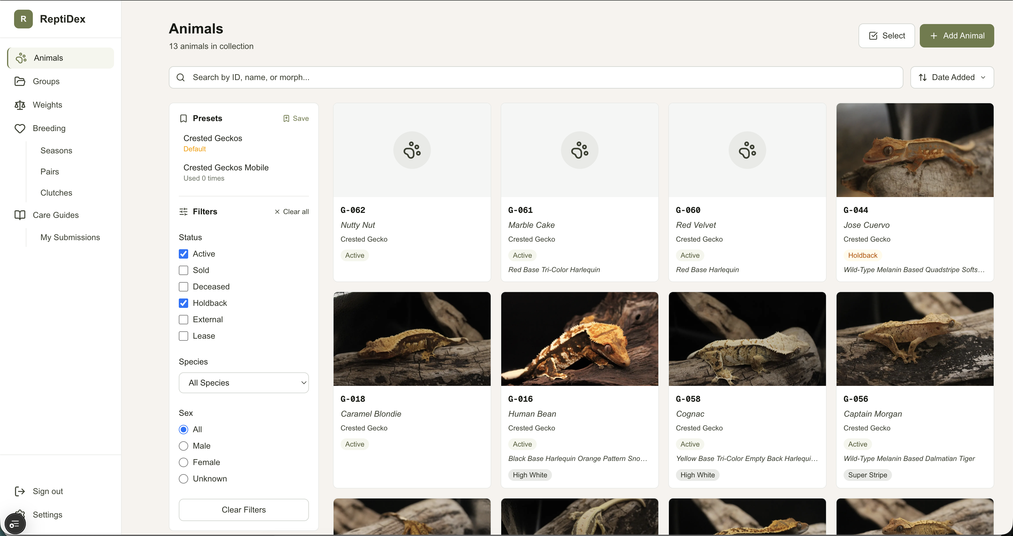 ReptiDex app showing breeding pair details and clutch tracking