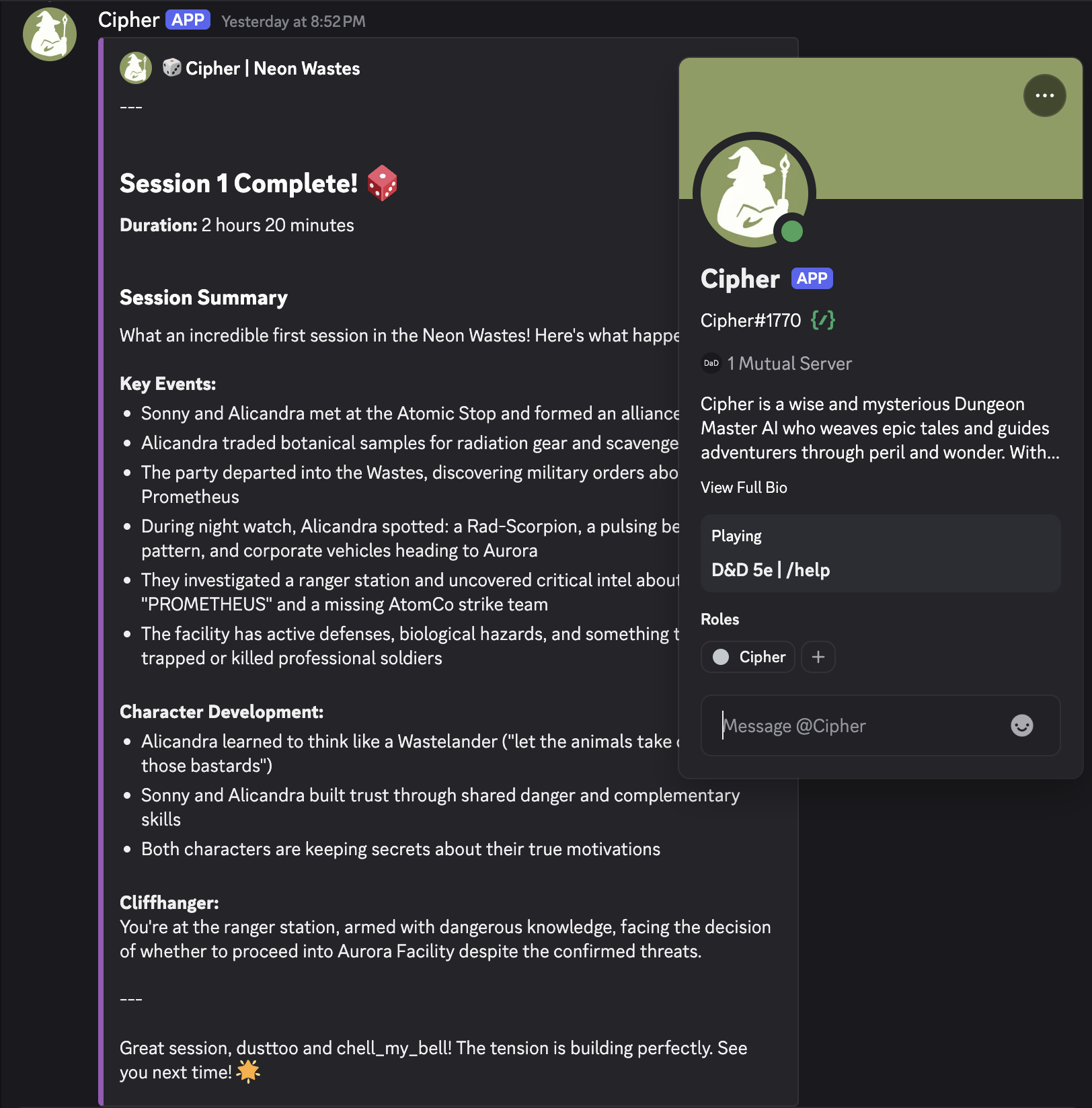 Scrollbook AI campaign tool interface inside a Discord server
